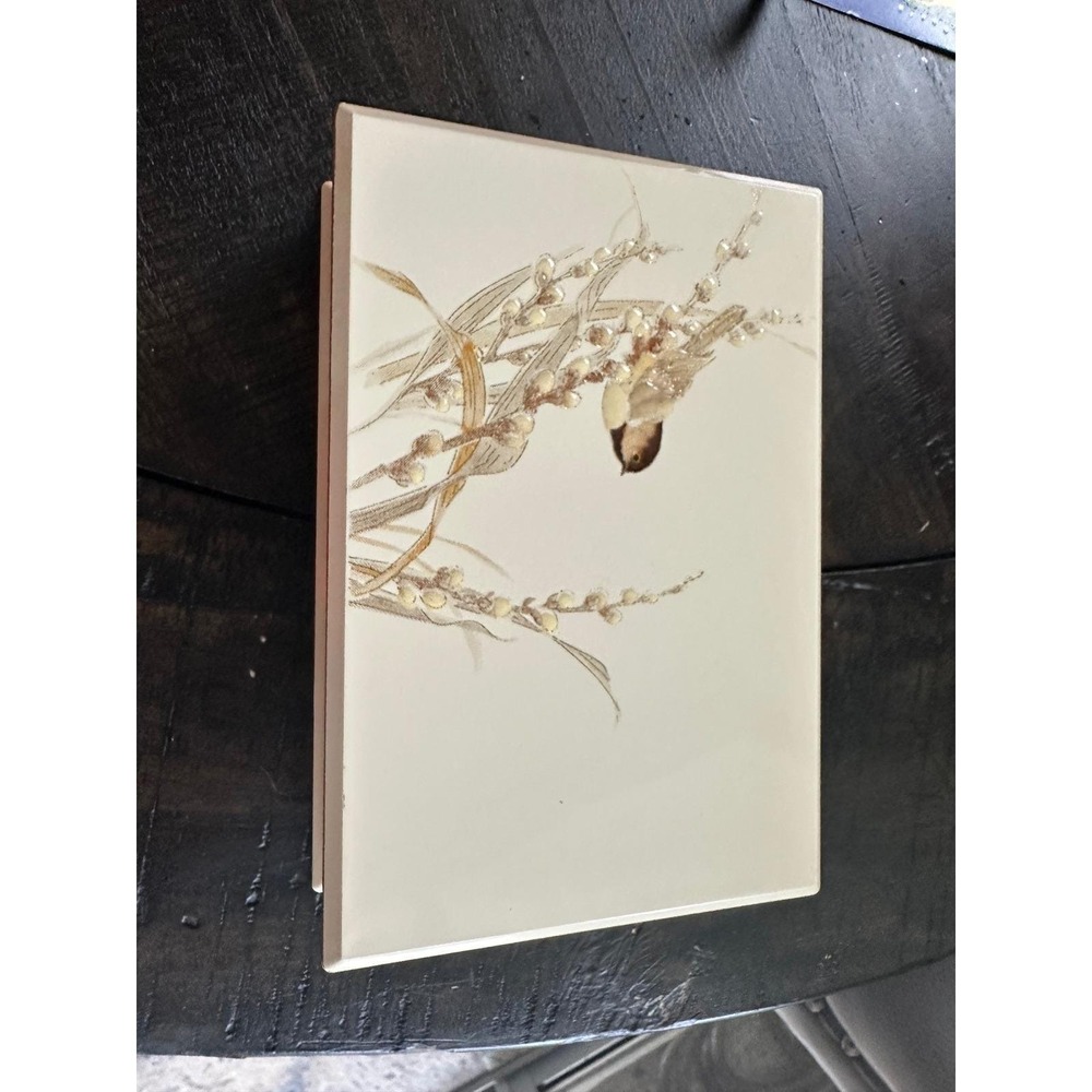 Vintage Otagiri Japan Lacquerware Trinket Box Bird Willow Cream Gold 6.5"